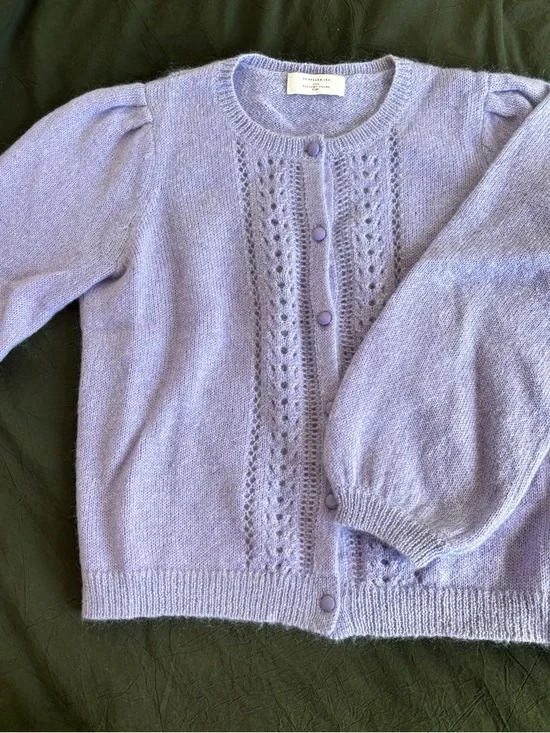 Sezane Lavender Égide Cardigan Puff-Sleeve Eyelet Knit Cardigan - Picture 4 of 5